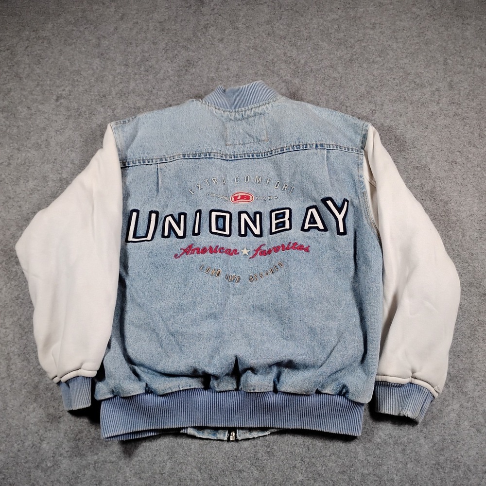 Vintage Unionbay Mens Denim Varsity Bomber Jacket Blue White Zip Up 90s Large